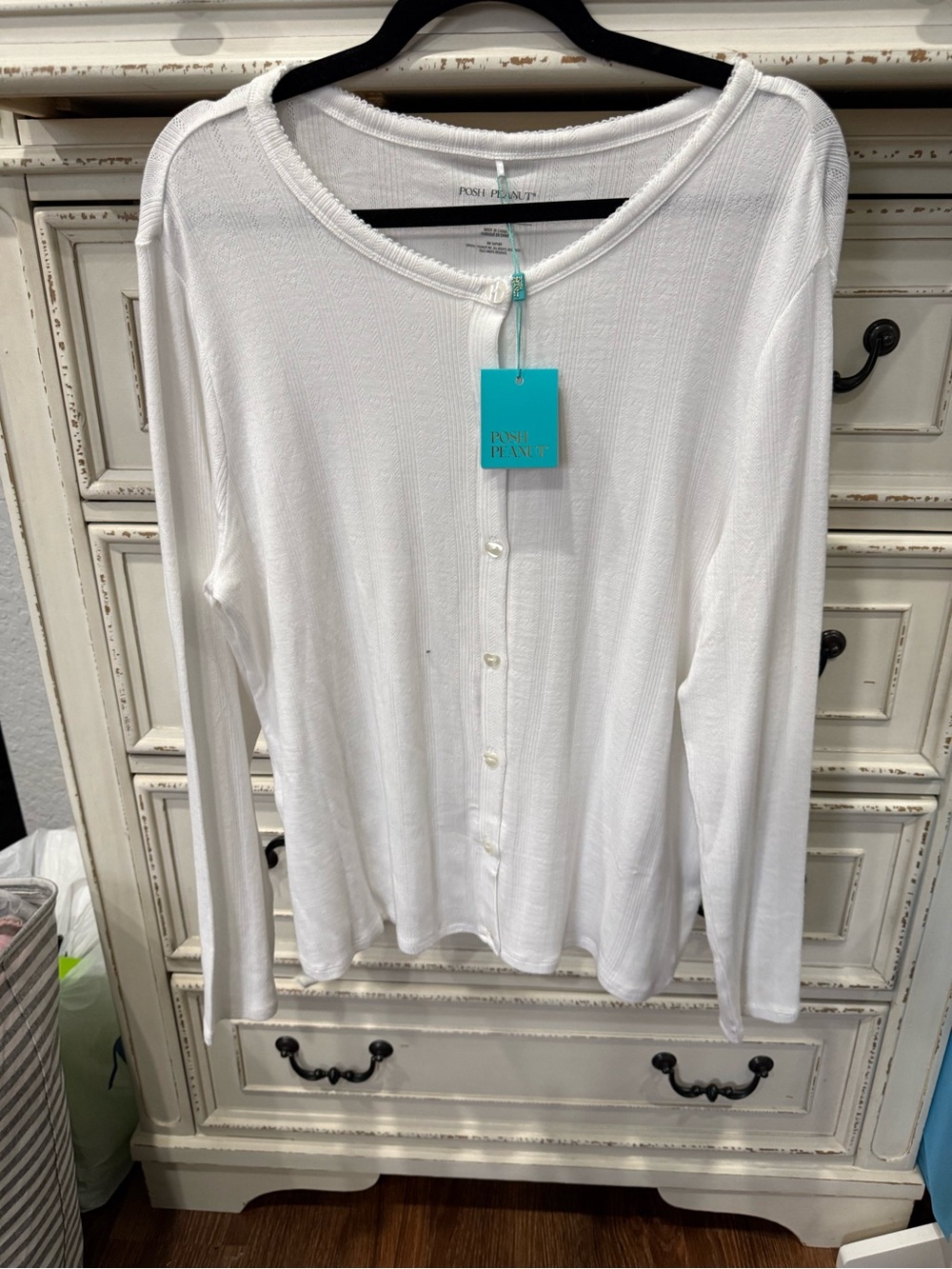 Posh Peanut Women’s White Button-Front Long Sleeve Pointelle Cardigan